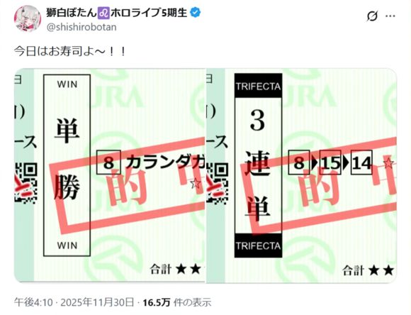 ホロライブr獅白ぼたんが競馬ジャパンカップで11万円超の高配当を的中